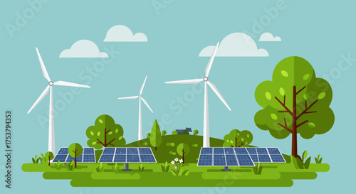 Illustration of wind turbines and solar panels on a green landscape, representing renewable energy and sustainability.