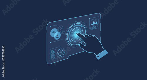 A hand interacts with a futuristic, glowing touch screen interface, displaying data and digital elements.