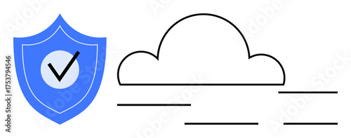 Shield with checkmark and cloud icons connected by minimal lines. Ideal for cybersecurity, data protection, cloud storage, internet safety, technology, reliability, secure access. Simple flat