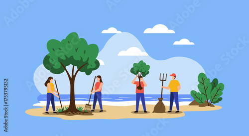 A group of people planting trees and cleaning the beach, promoting environmental care.