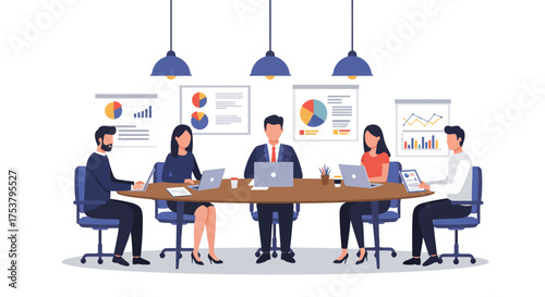 Business meeting illustration with five people sitting around a table with laptops, charts, and hanging lights.