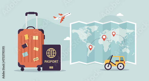 Travel themed illustration featuring a suitcase, passport, map with pins, a vehicle and an airplane.