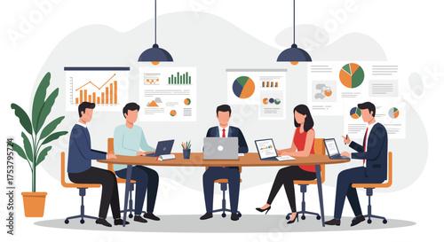 Business team meeting around a table, reviewing data and charts, discussing strategy.