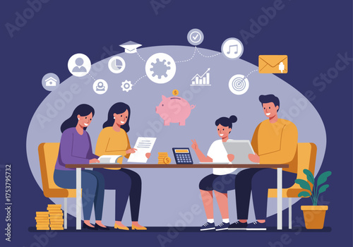 A family sits around a table, reviewing documents and planning finances, with icons overhead.