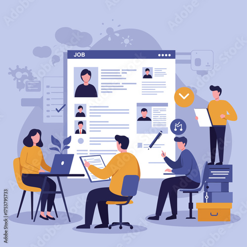 Illustration depicting a team reviewing resumes and assessing job applications, teamwork.