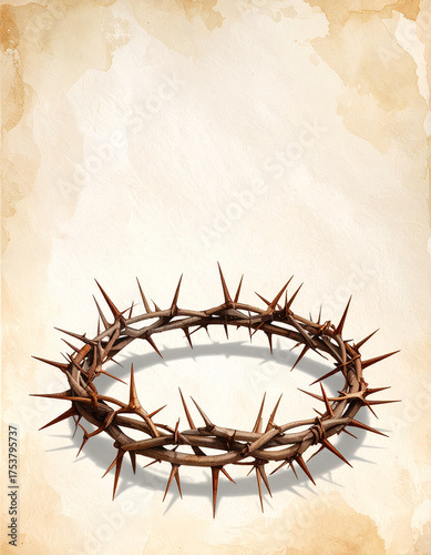 A crown of thorns on an old stained sheet of paper with copy space