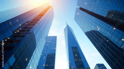 Modern glass business building or center. Bottom up view. Close up photo of skyscrapers on blue sky background