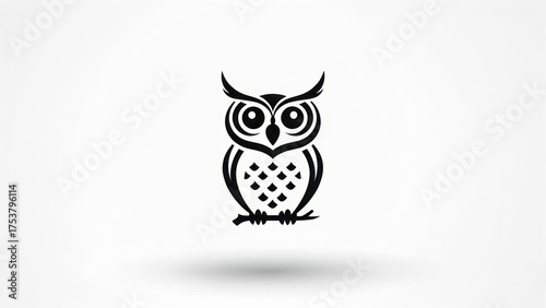 A simplified black and white owl illustration, perched and facing forward, set against a white background