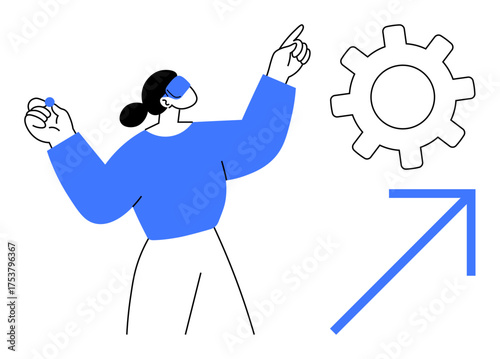 Woman gesturing towards a gear and upward arrow, expressing strategy, teamwork, innovation, growth, technology, success, leadership. Ideal for business progress development simple flat metaphor