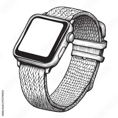 line art illustration on a white background of smartwatch on a woven strap