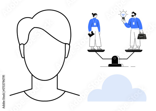 Outline of a head beside two professionals balanced on a scale, symbolizing gender balance and collaboration. Ideal for equality, diversity, fairness, opportunity, teamwork, balance, partnerships