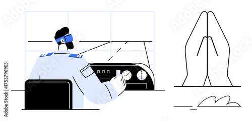 Pilot operating aircraft controls in cockpit paired with praying hands as metaphor for trust, responsibility, accountability, aviation, balance, professionalism. Ideal for safety, teamwork
