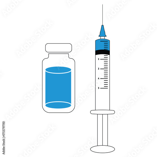 Syringe with blue vaccine, vial of medicine on white background, Vector illustration