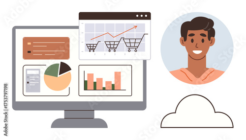 Computer screen displaying charts, graphs, and data visuals alongside a user profile and cloud icon. Ideal for data management, e-commerce, cloud computing, user experience, technology, business