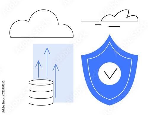 Cloud with arrows indicating data upload from a database, shield with checkmark for data security. Ideal for cloud computing, data management, cybersecurity, IT solutions, digital storage, network