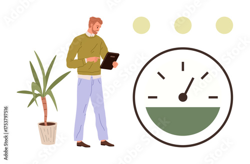 Man checking tablet, potted plant, large speedometer with green section, and yellow dots. Ideal for time management, productivity, data tracking, goal setting efficiency progress focus. Simple