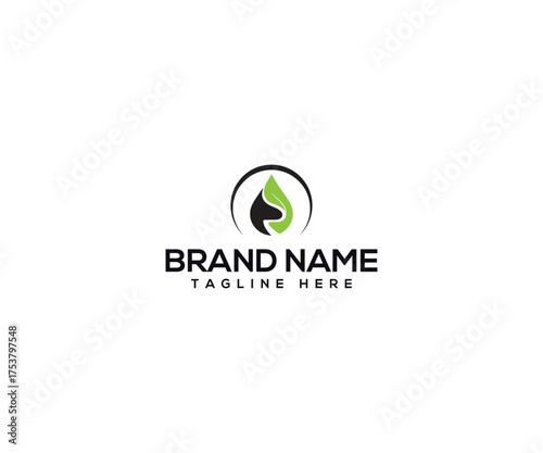 Abstract Logo Design: The modern, clean design features a stylized leaf emblem with a dark green and black color palette, creating a professional and contemporary visual identity.