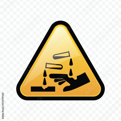 Glossy Yellow Warning Sign Icon for Corrosive Chemical Hazard