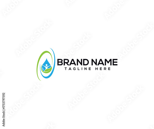 Eco-Friendly Health Brand: A modern brand mark showcases a serene, natural theme. A water droplet and a leaf, in a clean style, symbolizing health, well-being, and environmental consciousness.