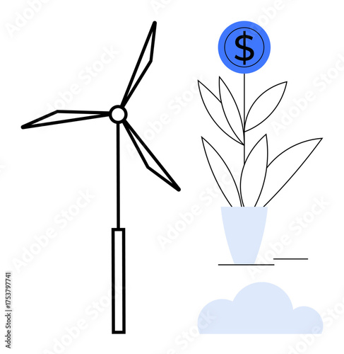 Wind turbine and coin-topped plant signifying renewable energy and financial success. Ideal for sustainability, green energy, investment, growth, eco-friendly development, innovation, simple flat
