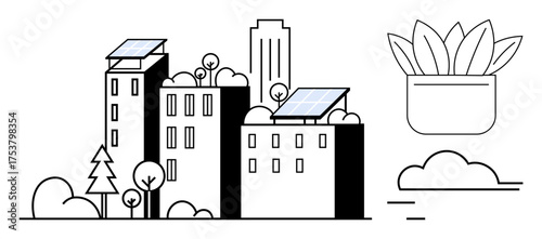 Urban skyline featuring buildings with solar panels, green rooftops, trees, potted plants, and clouds. Ideal for sustainability, green living, renewable energy, eco-design urban planning