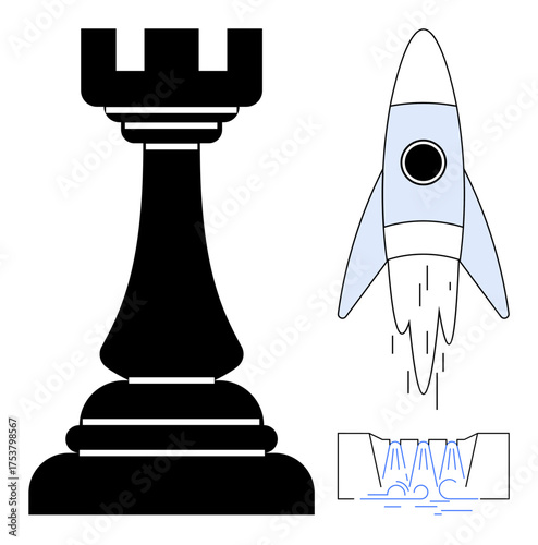 Black chess rook symbolizing strategy, blue rocket launching for progress and growth, abstract chart base. Ideal for business, success, startup, growth, leadership breakthrough. Simple flat metaphor