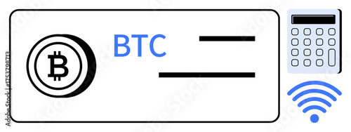 Bitcoin coin icon with transaction lines, BTC text, calculator, and wireless icon. Ideal for finance, cryptocurrency, digital wallet, fintech, online payments blockchain modern economy simple flat