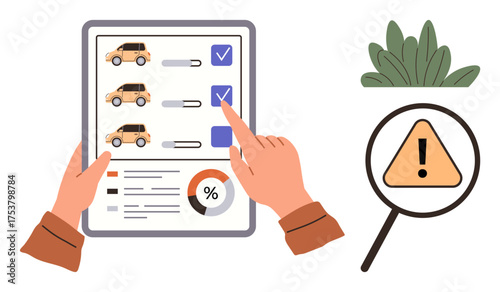 Two hands holding a clipboard with a car checklist, data chart. Magnifying glass shows warning alert. Ideal for quality control, vehicle inspection, data analysis, risk assessment, process