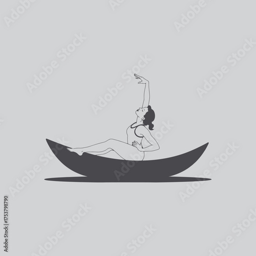 A minimalist illustration depicts a woman reclined in a boat shape