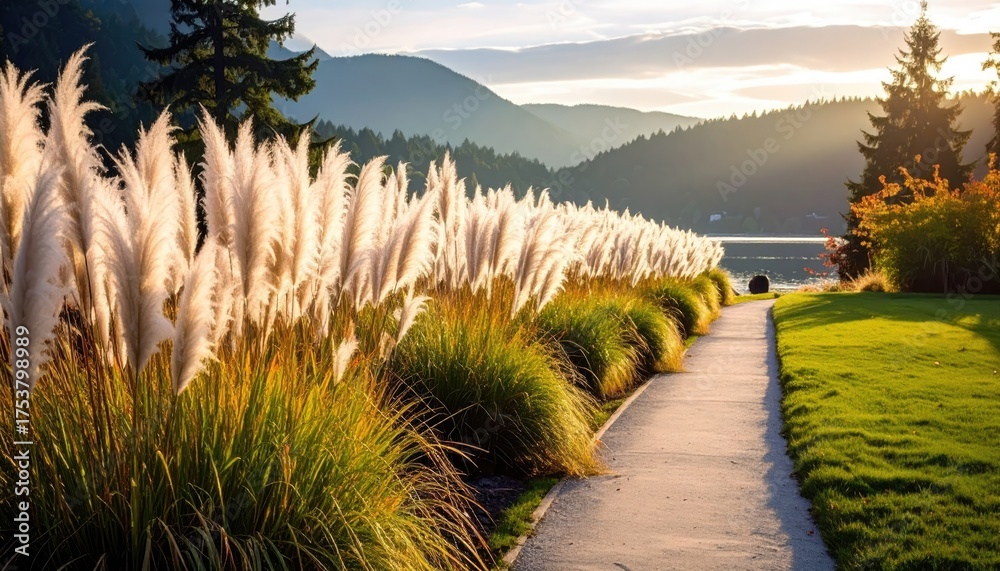 Fototapeta premium Pathway to Serenity: A tranquil path meanders through a field of pampas grass, guiding the eye towards a serene lake. Bathed in the soft light of dawn.
