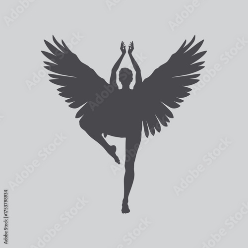 Silhouette of a person with large outstretched wings in a dark tone