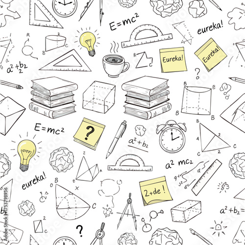 Education Doodle Pattern – Sketch of Books, Question Marks, and Science Symbols