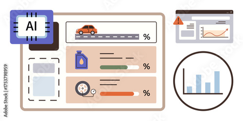 AI dashboard tracking vehicle mileage, oil level, tire pressure with graphs, warnings, and analytics. Ideal for technology, automation, maintenance, transportation data analysis monitoring simple
