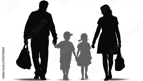 Silhouette of a family walking together holding hands vector illustration isolated on white background representing family values and togetherness