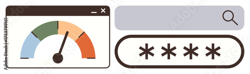 Password strength gauge in a browser with strong levels, password entry field, and magnifier search icon. Ideal for cybersecurity, password security, risk analysis, data privacy, digital