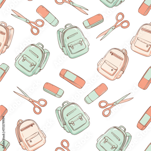 Seamless Pattern of School Supplies Backpacks Scissors and Erasers.