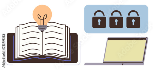 Open book with glowing lightbulb symbolizing knowledge, laptop for digital tools, and locks for security. Ideal for education, innovation, technology, privacy, protection, creativity simple flat