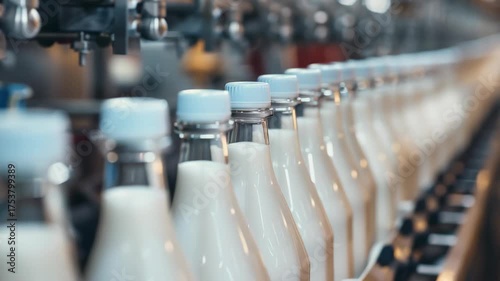 A row of milk bottles are being filled in a factory. The bottles are all the same size and are lined up on a conveyor belt