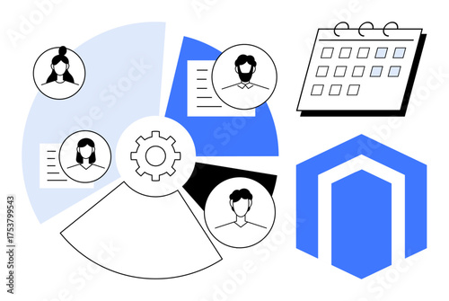 Gear connects segmented circles with profile avatars, documents, and a calendar beside an abstract building. Ideal for teamwork, productivity, scheduling, management, workflow, planning business