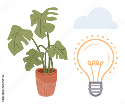 Monstera plant in terracotta pot, glowing lightbulb with dotted outline, and soft cloud. Ideal for eco-friendly living, creativity, growth, sustainability, innovation ideas and inspiration. A