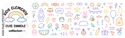 Cute kids elements, preschool kindergarten doodle icons set. Daycare, children drawings, flower, rainbow, cloud, crown, heart in sketch style. Hand drawn illustration isolated on white background