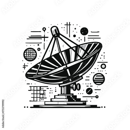 Satellite dish receiving signals amidst cosmic backdrop