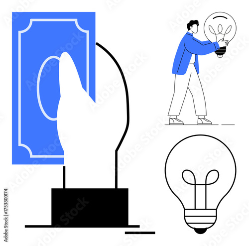Hand gripping currency and figure holding lightbulb for innovation and value. Ideal for business, entrepreneurship, finance, creativity, investment, partnership, problem-solving. Simple flat metaphor