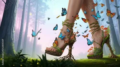 Enchanted footwear: fantasy heels with butterflies amidst woodland scenery