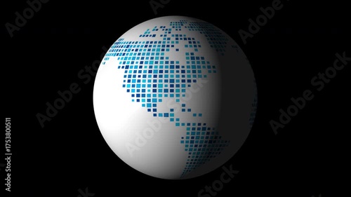 A rotating digital globe highlights geographical areas and connectivity through blue dots. This view emphasizes the relationship between countries and technology.
