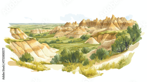 Badlands National Park. Badlands National Park hand drawn watercolor illustration