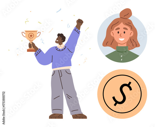 Person lifting trophy with joy, surrounded by portrait and currency icon. Ideal for achievement, reward, career success, recognition, motivation, finance leadership. Simple flat metaphor