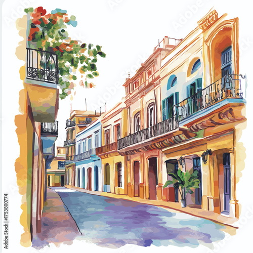 Havana Old Town. Havana Old Town hand drawn watercolor illustration