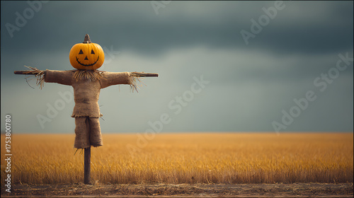 A scarecrow topped with a smiling pumpkin overlooks a vast golden field beneath a moody, overcast sky