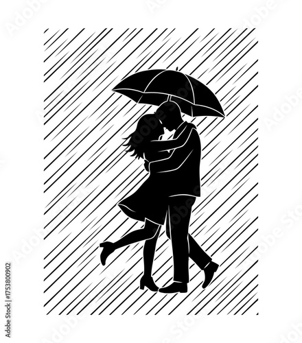 Valentine couple lovers vector art of couple in love kissing under umbrella in rain